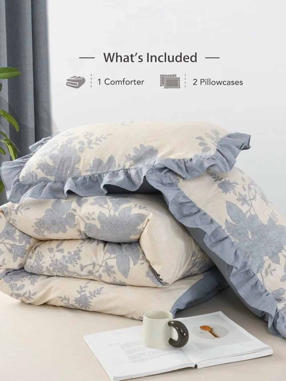 Cream and Blue queen comforter set